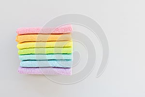 New microfiber cloth for cleaning and dusting. Seven rainbow colors. Top view