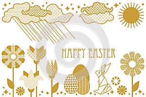 Happy Easter card with hare, blooming spring flowers, rainbow, sun, clouds and ornate eggs.