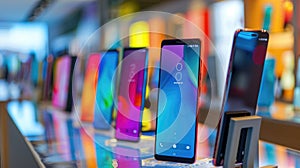 New mobile phones stands on display in store, smartphones show for sale in electronics shop. Concept of cell, retail, product,