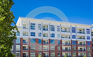 New Modern Apartment Buildings in Vancouver BC. Architectural details of modern apartment building in sunny day