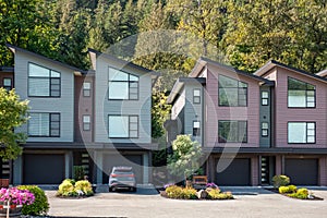 New Modern Apartment Buildings in Vancouver BC. Canadian modern residential architecture on sunny day