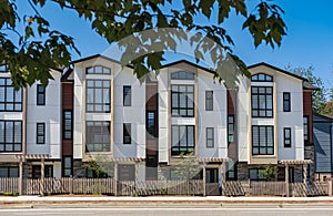 New Modern Apartment Buildings in Vancouver BC. Canadian modern residential architecture on sunny summer day