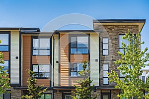 New Modern Apartment Buildings in Vancouver BC. Canadian modern residential architecture on sunny summer day