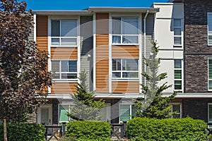 New Modern Apartment Buildings in Vancouver BC. Canadian modern residential architecture on sunny summer day