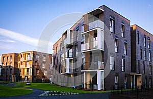 New modern apartment complex in Vilnius, Lithuania, modern low rise european building complex with outdoor facilities.