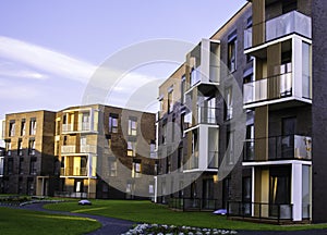 New modern apartment complex in Vilnius, Lithuania, modern low rise european building complex with outdoor facilities.