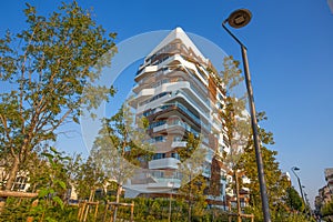 New modern building condo of `City Life` business and residential district, `Tre Torri`, Milan, Italy.