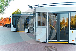 A new modern bus. Modern public electric transport. Details of the bus in close-up, headlights, windshield, driver\'s cabin