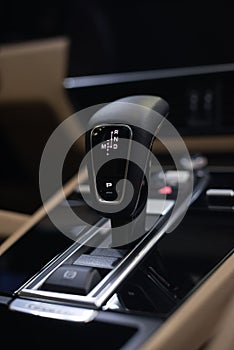 New modern car background. Automatic transmission.