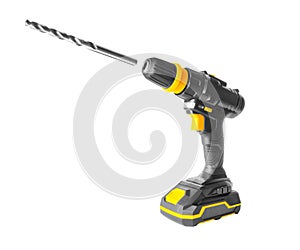 New modern cordless drill machine close up isolated on white background