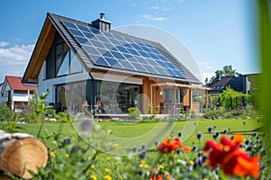 New modern eco friendly passive house with a photovoltaic system on the roof and landscaped yard. Solar panels on the