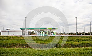 New modern empty gas station with closed pumps