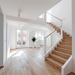 New modern empty house with wooden stairs, Interior of stylish house corridor, entry, staircase luxury home, wood floor empty