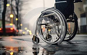 New modern empty wheelchair on the street. Miracle concept. Healed person raised and went away