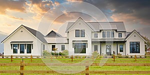 New Canadian Farmhouse Mansion Country Home Front Exterior Maison House Sunset Sky Background