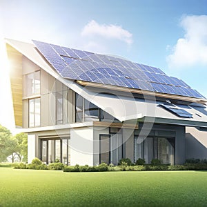 Modern home with solar panels on the roof under a bright sky, generative AI