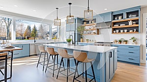 New modern kitchen interior with blue fronts in the apartment. Bright lighting, light blue walls, granite countertops, stainless
