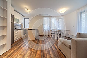 New modern living room with kitchen. New home. Interior photography. Wooden floor.