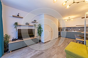 New modern living room with kitchen. New home. Interior photography. Wooden floor