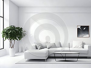 New modern living room with white sofa, simple and plant white room