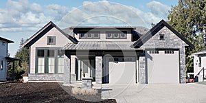 New Modern Luxury Real Estate Home House Maison Grey Exterior Garage Cloudy Sky Background