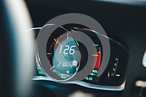 New modern luxury sport car digital dashboard showing driving data speed