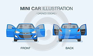 New modern mini car with opened doors. Front and back view.