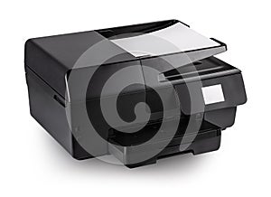 modern multifunction black inkjet printer with paper isolated on white background