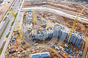 New modern multistory apartment buildings under construction. drone photo