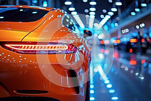 new modern orange car is on sale at dealership. Back taillight