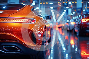 new modern orange luxury car is on sale at dealership. Back taillight