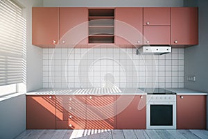 New modern red kitchen and wooden floor at sunset