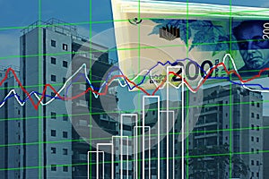 New Modern Residential area in Israel, Apartment buildings, Bundle of 200 Shekels banknotes and Analytic Graphs