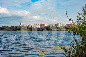 new modern residential area near the lake on summer day