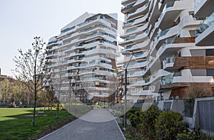 New modern residential building houses of `City Life` business and residential district, `Tre Torri`, Milan, Italy