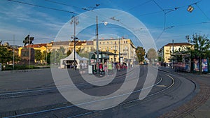 New modern trams of Croatian capital Zagreb timelapse near railway station. CROATIA