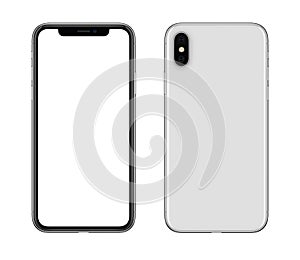 New modern white smartphone similar to iPhone X mockup front and back sides isolated on white background