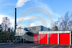 New modern wood chip biofuel boiler house for increased heat energy production efficiency in action