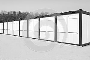 New modular houses for internally displaced persons outdoors. Black and white effect