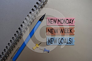 New Monday, New Week, New Goals! on the sticky notes with office desk