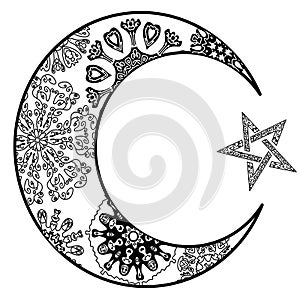 New moon and star Illustration zentangle style