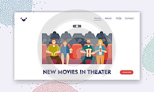 New Movies in Cinema Landing Page Template. Happy Young Couples Characters Watching Movie. Young Men and Women Relax