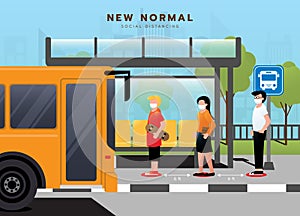 New normal concept peopel wait on queue at bus stop