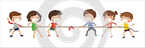 New normal, Kids playing tug of war, Children pull the rope, vector, illustration, Isolated on white background