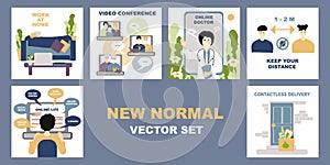 New normal lifestye vector set. After Outbreak . After the Coronavirus or Covid-19. Online life, video conference, contacless photo