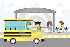 New normal lifestyle concept Back to school, happy cute diverse Kids and Different nationalities wearing medical masks at the bus