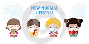 New normal lifestyle concept After Coronavirus outbreak, kids wearing medical mask character cartoon isolated on white background