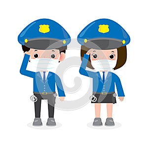 New normal lifestyle concept. police officers, Woman and man cops characters,security in uniform wearing face mask protect