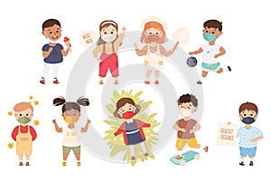 New Normal Lifestyle with Happy Kids Wearing Face Mask Engaged in Different Activities Vector Set