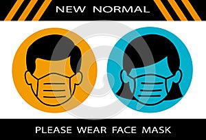 New normal and please wear face mask lettering on black background with icon man and woman wearing medical mask
